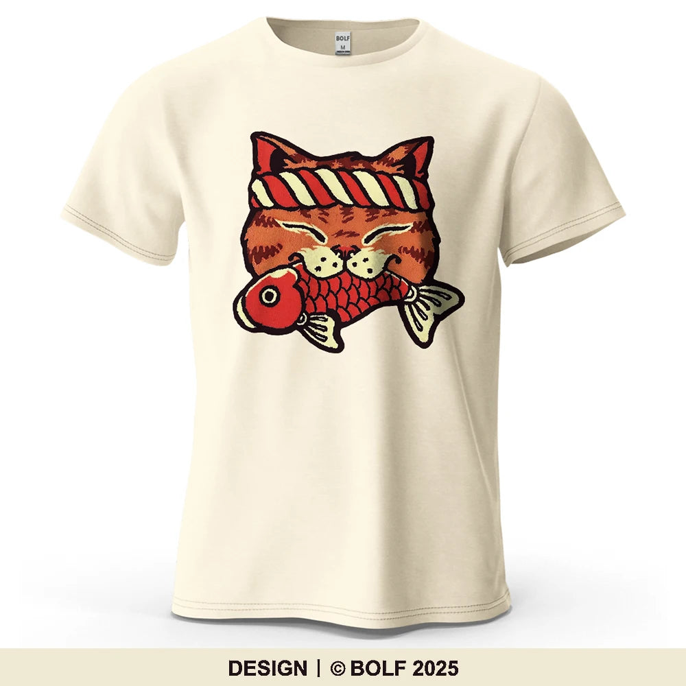 Cat Holding Fish Printed Men's T-Shirt 100% Cotton Oversized Cute Cartoon Funny Graphic Tees for Women Tops Tees Streetwear