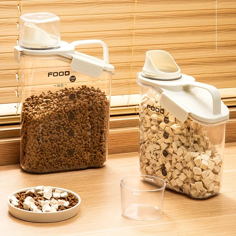 Dry food for dogs and cats is easy to feed containers, moisture-proof pet food storage buckets, measuring cups and handle design 