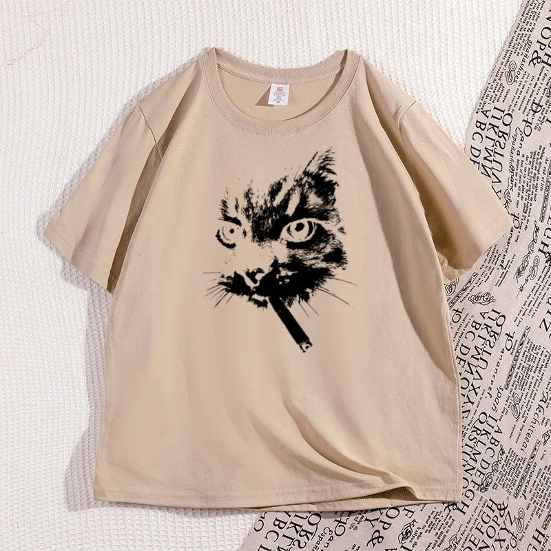 Cat Smoking Cigarette Funny Graphic T Shirt Oversized Tshirt Stupid Cat T Shirts Cotton Short Sleeve Streetwear Clothing