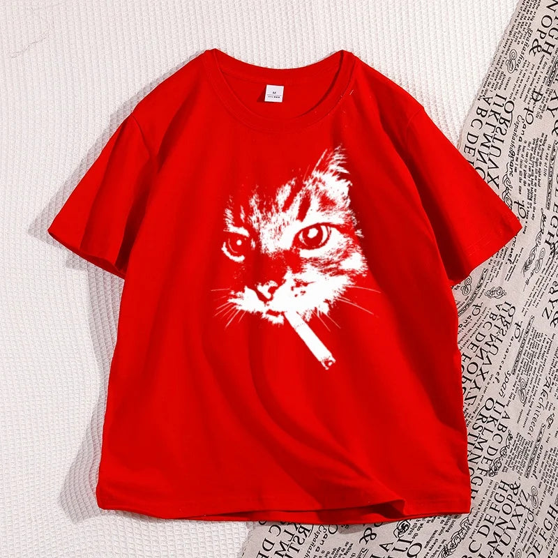 Cat Smoking Cigarette Funny Graphic T Shirt Oversized Tshirt Stupid Cat T Shirts Cotton Short Sleeve Streetwear Clothing